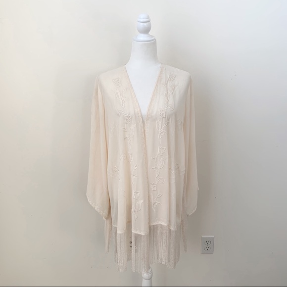 Lush Cream Embroidered Fringe Wide Sleeve Kimono - Picture 1 of 10